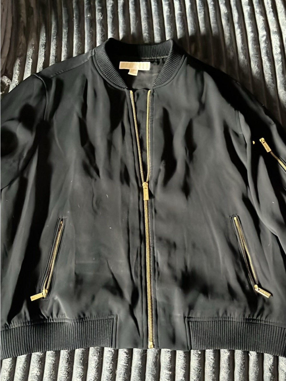 MICHAEL Michael Kors Black Bomber Jacket with Gold Zippers